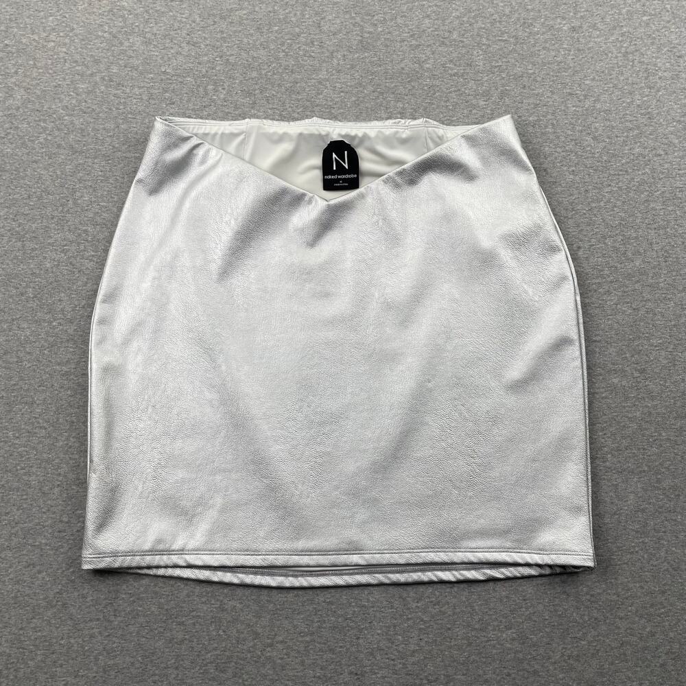 Naked Wardrobe Faux Leather Skirt XL Silver Metallic Pull On V-Waist Rave Club
